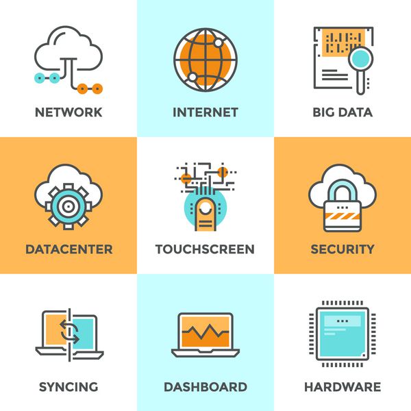 مجموعه نمادهای خط با عناصر طراحی مسطح شبکه رایانش ابری تجزیه و تحلیل داده های بزرگ امنیت اینترنت کامپیوتر همگام سازی اتصال datnter مفهوم مجموعه پیکتوگرام وکتور لوگوی مدرن