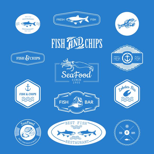 مجموعه لوگو برای رستوران ماهی یا با تصویر ماهی آبی روی پس زمینه آبی آواز می خواند