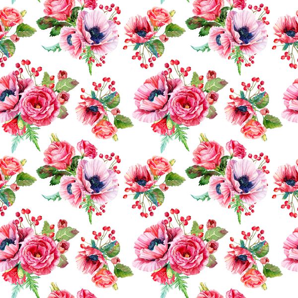 الگوی بدون درز خشخاش و گل رز آبرنگ تصویر گلهای قرمز قدیمی می توان برای کاغذ بسته بندی هدیه پس زمینه روز تولد روز مادر و غیره استفاده کرد