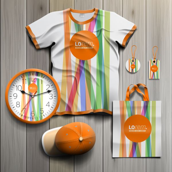 طرح سوغاتی تبلیغاتی سفید برای هویت سازمانی با خطوط رنگی و شکل نارنجی مجموعه لوازم التحریر