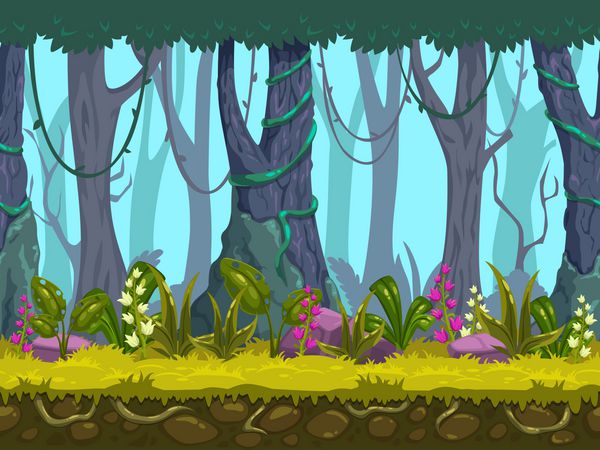 منظره جنگلی یکپارچه بهاری پس‌زمینه طبیعت بی‌پایان با لایه‌های مجزا برای طراحی بازی