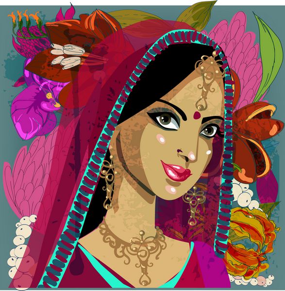 پرتره دختر زیبای هندی با گل های عجیب و غریب