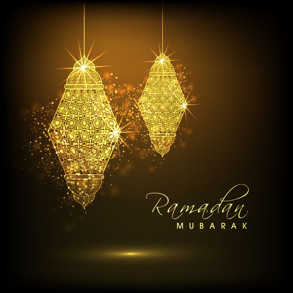 چراغ های عربی یا فانوس های طلایی آویزان براق در زمینه قهوه ای برای ماه مقدس جامعه مسلمانان جشن کریمه رمضان