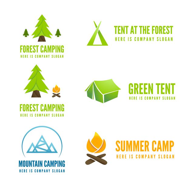 مجموعه ای از نشان های کمپ مدرن آرم نشان و عناصر لوگوتایپ برای کمپینگ وب کسب و کار یا پروژه های دیگر