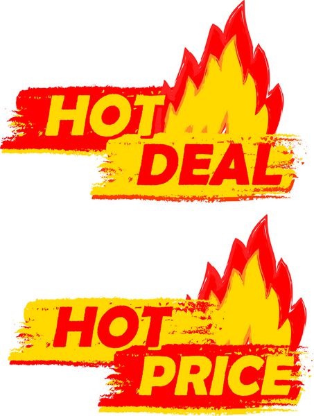معامله و قیمت بر روی بنرهای آتش - متن با برچسب های زرد و قرمز با علائم شعله مفهوم خرید تجاری وکتور