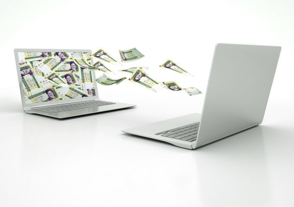 دو لپ تاپ سه بعدی انتقال اسکناس پول ایران جدا شده در زمینه سفید