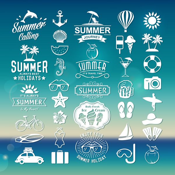 مجموعه لوگو تایپ های تابستانی عناصر طراحی تابستانی قدیمی آرم ها نشان ها برچسب ها نمادها و اشیاء تعطیلات تابستانی