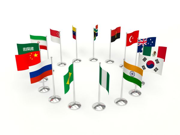 پرچم های کوچک کشورها در یک دایره تصویر سه بعدی در پس زمینه سفید