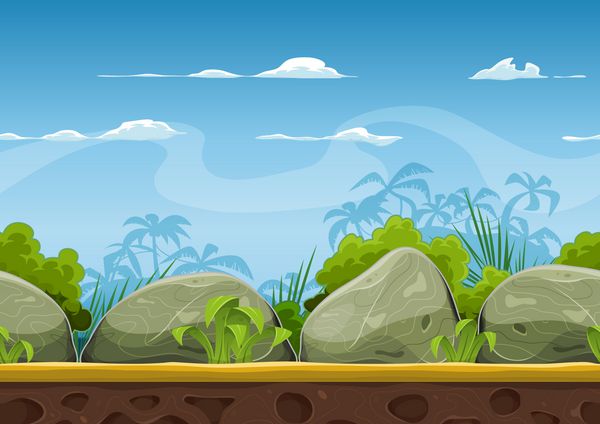 چشم انداز ساحلی گرمسیری بدون درز برای بازی UI تصویر کارتونی بدون درز تابستانی در ساحل گرمسیری پس زمینه اقیانوس با درختان نخل