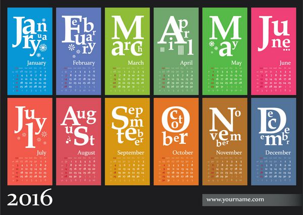 تقویم جازی 2016 - قالب وکتور چند رنگ برای چاپ وب