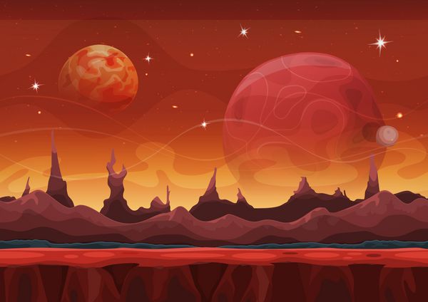 پس زمینه فانتزی علمی تخیلی مریخی برای بازی رابط کاربری تصویری از پس‌زمینه منظره سیاره بیگانه علمی-تخیلی خنده‌دار کارتونی با لایه‌هایی برای اختلاف منظر رشته کوه‌های عجیب ستاره‌ها و سیارات برای بازی رابط کاربری