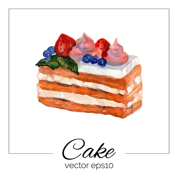 وکتور کیک کشیده با دست با بافت آبرنگ کیک بیسکویت با خامه مربا انواع توت ها کیک شیرین نقاشی شده با دست در زمینه سفید