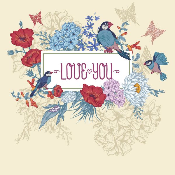 کارت پستال های قدیمی گل با پرندگان و پروانه ها ادریسی شکوفه خشخاش و زنگ آبی زنبق در پس زمینه بژ وکتور با pl برای متن شما