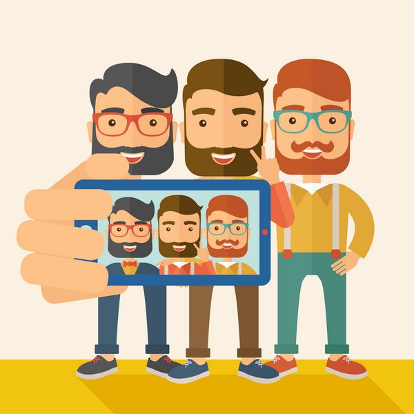 سه مرد شاد که با گوشی هوشمند سلفی می گیرند یک سبک معاصر با پالت پاستلی پس زمینه رنگی بژ ملایم وکتور تصویر طراحی مسطح طرح مربع