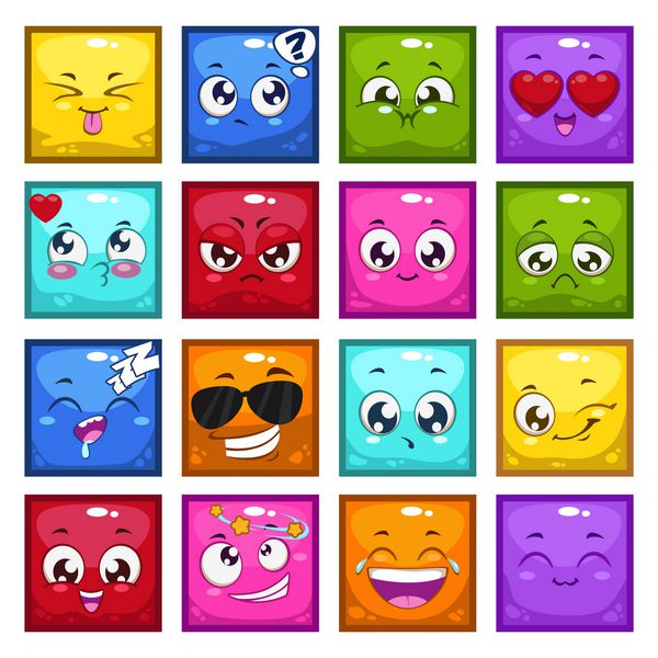 مجموعه ای از شخصیت های مربع کارتونی رنگارنگ با احساسات مختلف شکلک های وکتور ایزوله آواتارهای خنده دار