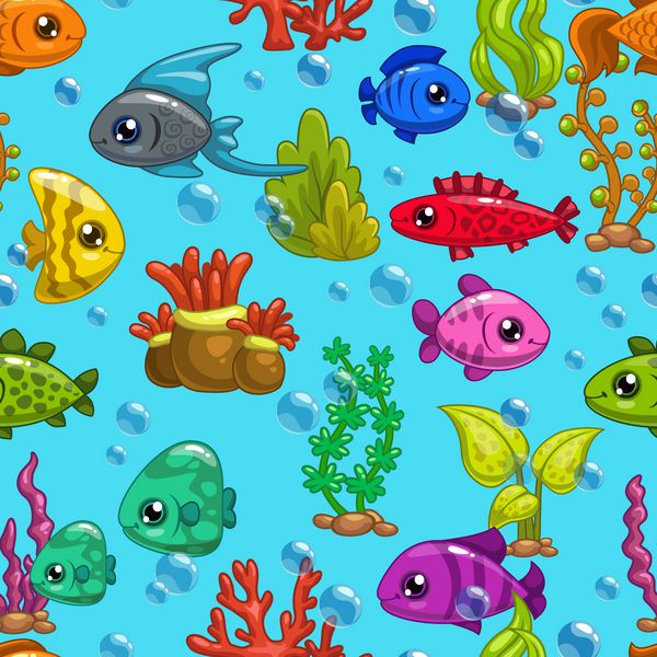الگوی بدون درز با ماهی های کارتونی زیبا و علف های هرز دریایی روی آبی