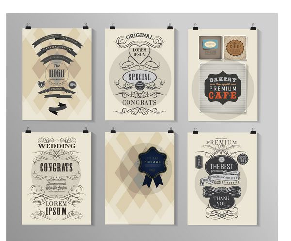 مجموعه ای از قالب های طراحی پوستر بروشور بروشور در سبک های مختلف خوشنویسی و برچسب طراحی قدیمی رترو