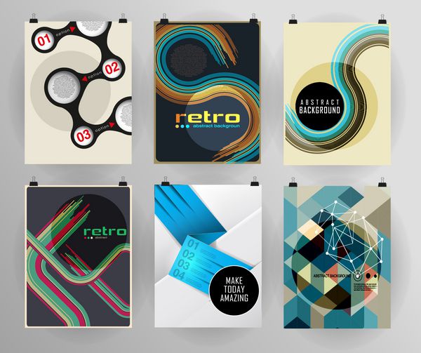 مجموعه ای از قالب های طراحی پوستر بروشور بروشور در سبک های مختلف مفهوم طراحی طراحی رترو پس زمینه های مدرن انتزاعی