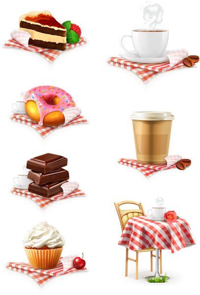 کافه خیابانی شکلات کیک کوچک کیک فنجان قهوه دونات مجموعه آیکون وکتور