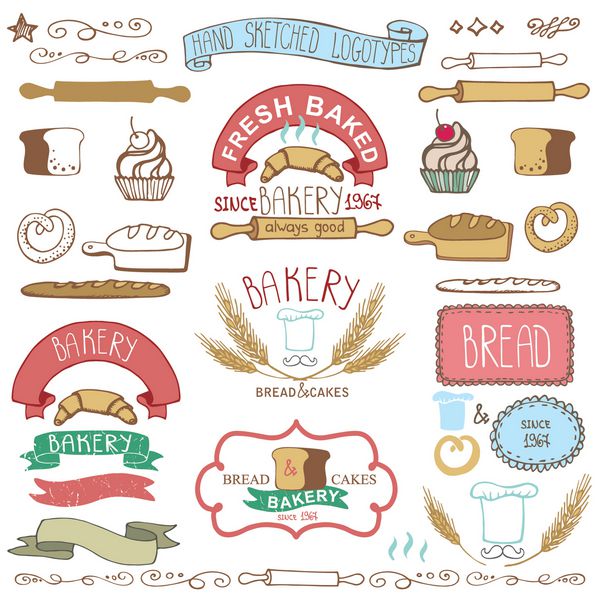نشان‌ها برچسب‌ها آرم‌های نانوایی ابله‌های طرح‌دار دستی رنگی قدیمی و عناصر طراحی نان نان بلال گندم نمادهای کیک حاشیه روبان ساخت آسان لوگو قالب وکتور لوگوتایپ ساز