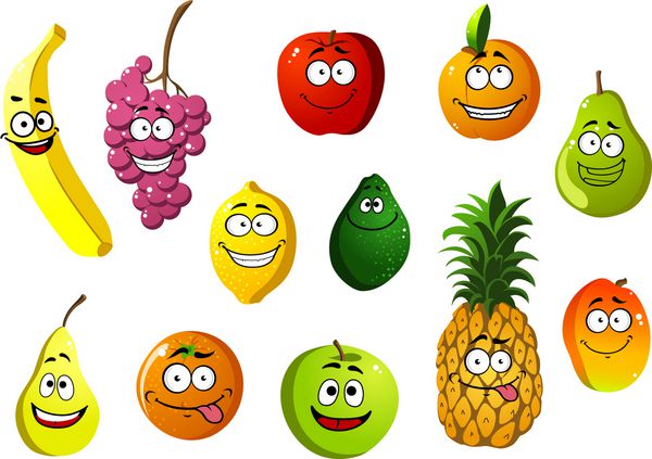 شخصیت های میوه های کارتونی خندان شاد با موز انگور سیب لیمو آناناس گلابی پرتقالی آووکادو زردآلو و انبه