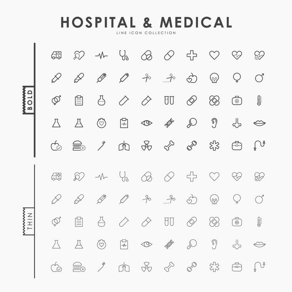 بیمارستان و پزشکی در مفهوم نمادهای خط برجسته و نازک