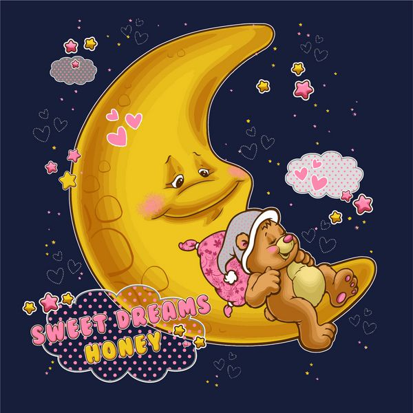 توله خرس خوابیده روی طرح چاپی تصویر ماه ناز