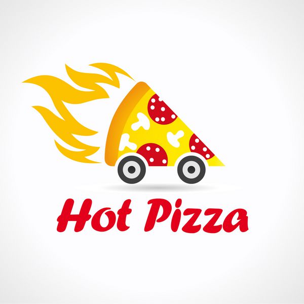 لوگوی تصویری برای پیتزا فروشی رستوران به شکل یک تکه پیتزا با آتش روی چرخ لوگوی تحویل پیتزا