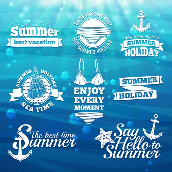 طراحی قالب لوگو سفید برچسب نشان چاپ برای تعطیلات تابستانی و تعطیلات عناصر دریایی و لباس شنا پس زمینه دریا با نور خورشید و حباب بردار