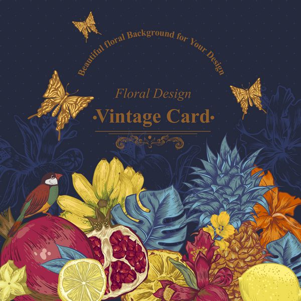 کارت پستال پرنعمت میوه گرمسیری گل پروانه و پرندگان وکتور آناناس و انار موز لیمو و هیبیسکوس