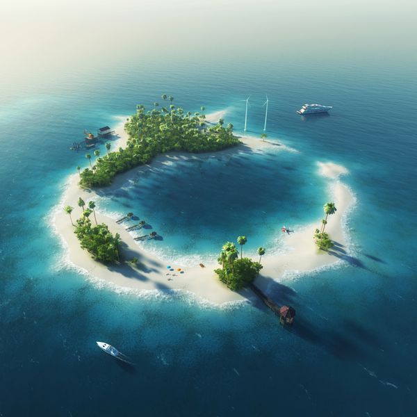 جزیره خصوصی جزیره گرمسیری تابستانی بهشت با انرژی توربین های بادی و خانه های ییلاقی
