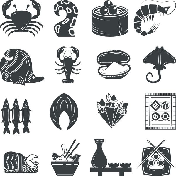 مجموعه ای از نمادهای وکتور شبح سیاه برای عناصر منوی غذاهای دریایی در پس زمینه سفید