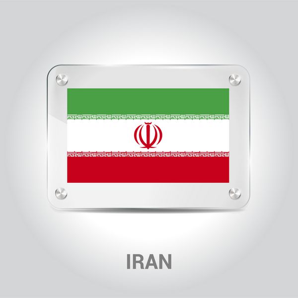 وکتور صفحه شیشه ای پرچم ایران با نگهدارنده های فلزی - برچسب نام کشور در پایین - تصویر وکتور پس زمینه خاکستری