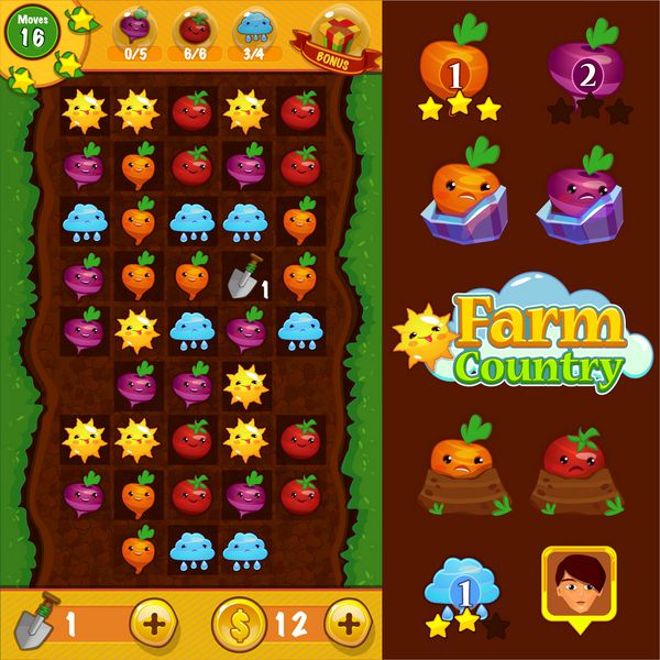 طراحی بازی - نمادهای کامل رنگی کشور مزرعه وکتور