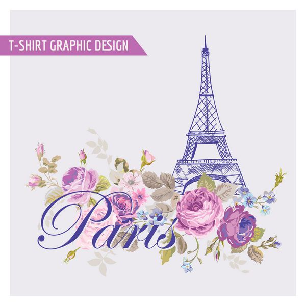 طرح گرافیکی گلدار پاریس - برای تی شرت مد چاپ - به صورت وکتور