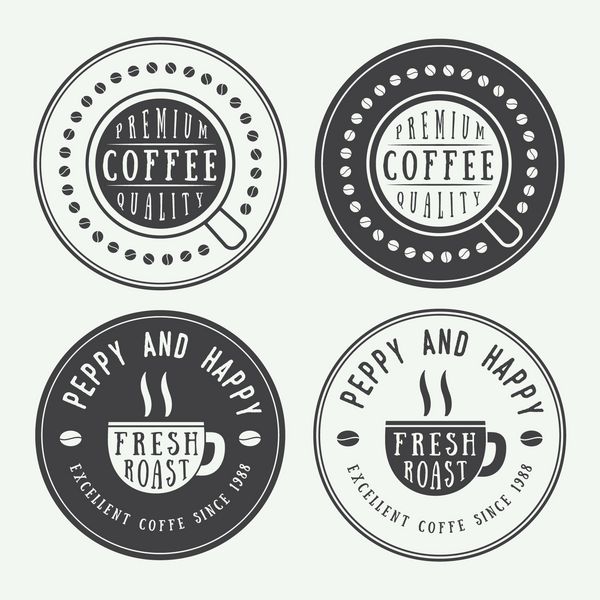 مجموعه ای از لوگوها برچسب ها و نشان های قهوه قدیمی با فنجان ظرف و دانه ها