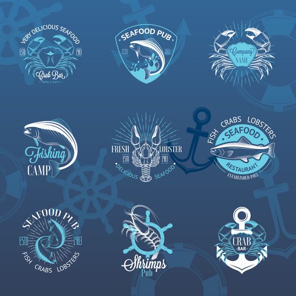 مجموعه ای از لوگوهای غذاهای دریایی قدیمی با ماهی خرچنگ خرچنگ میگو لنگر کلاهک و آفتاب سوختگی در پس زمینه آبی