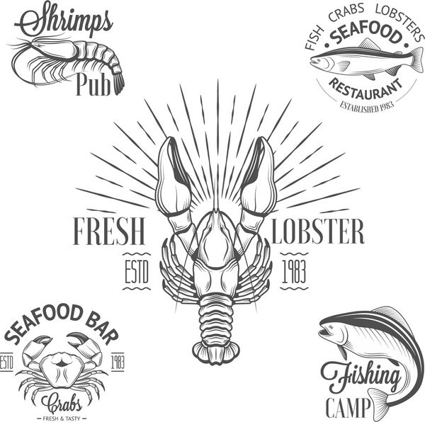 مجموعه ای از لوگوهای غذاهای دریایی قدیمی با ماهی خرچنگ خرچنگ میگو و آفتاب سوختگی برای طراحی شما