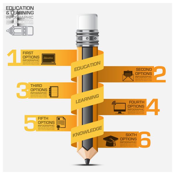 اینفوگرافیک آموزش و یادگیری با الگوی طرح وکتور نمودار پله ای مداد تگ مارپیچی