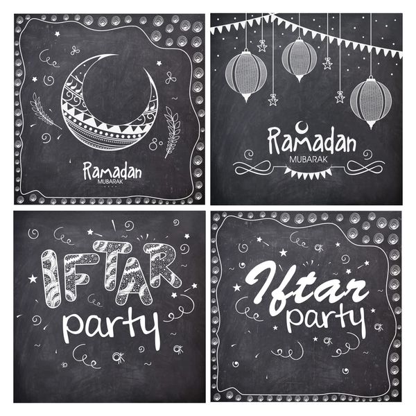 مجموعه ای از کارت های تبریک تزیین شده با عناصر مختلف اسلامی به سبک تخته سیاه برای ماه مبارک جامعه مسلمانان جشن کریم رمضان