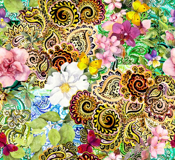 گل ها پروانه ها و زیور آلات عربی طلایی پس زمینه زینتی گل برای طراحی مد الگوی بدون درز آبرنگ