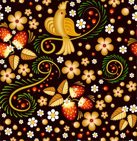 الگوی وکتور بدون درز به سبک خوخلوما - نقاشی سنتی روسی با پرنده توت فرنگی و گل در پس زمینه سیاه