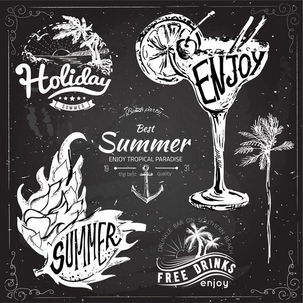 طراحی تایپوگرافی تابستانی قدیمی با برچسب ها مجموعه عناصر نمادها