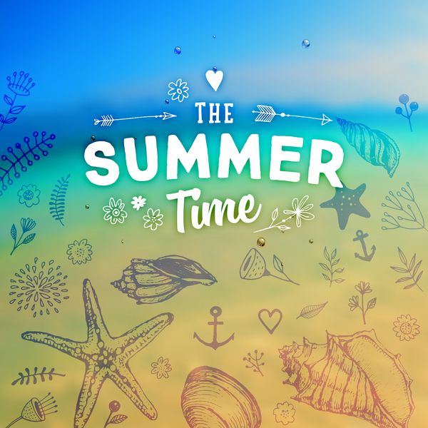 مجموعه ای از عناصر تابستانی منظره ساحلی تار صدف های دریایی گل ها لنگر ستاره دریایی آسمان با خورشید سبک طراحی شده با دست طراحی تایپوگرافی برای لوگو یا برچسب تعطیلات تابستانی
