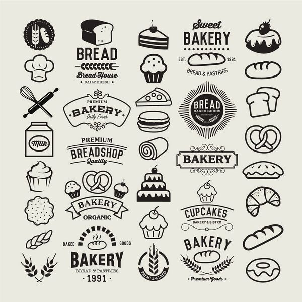 مجموعه لوگو تایپ های نانوایی عناصر طراحی قدیمی نانوایی آرم ها نشان ها برچسب ها نمادها و اشیاء