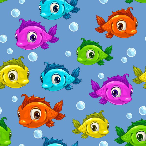 الگوی بدون درز با ماهی های رنگارنگ زیبای کارتونی