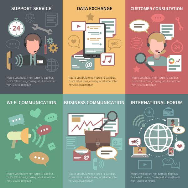 مجموعه پوستر مینی چت با وکتور جدا شده از تبادل اطلاعات با مشتری با خدمات پشتیبانی