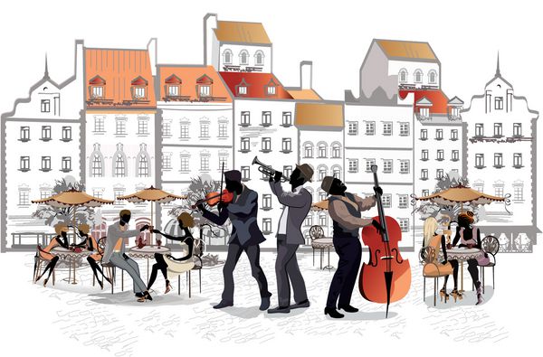 مجموعه ای از کافه های خیابانی با نوازندگان در شهر قدیمی