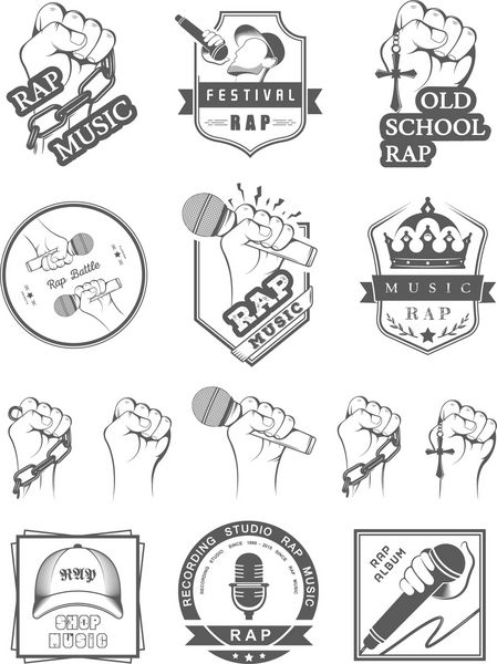 مجموعه ای از لوگوهای وکتور نشان ها و برچسب ها موسیقی هیپ هاپ و رپ مجموعه ای از نمادهای نبرد رپ کلوپ رپ و جشنواره رپ آرم های رپ به سبک هنر دیجیتال