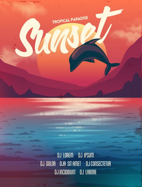 وکتور تابستانی پوستر غروب آفتاب با دلفین